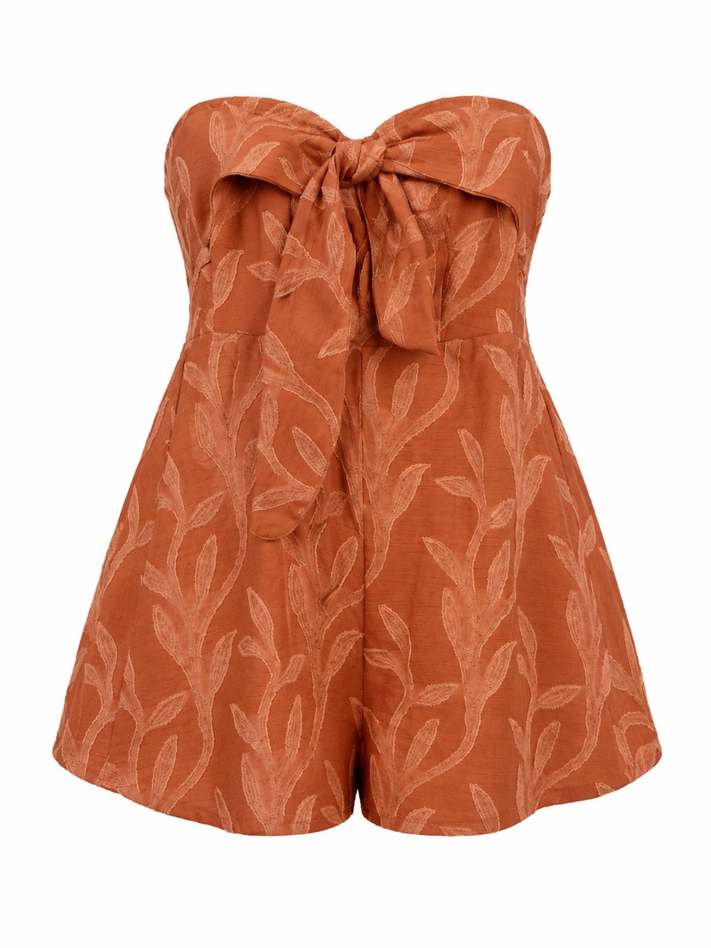 Strapless coral/orange Tie-Front Romper with Leaf pattern